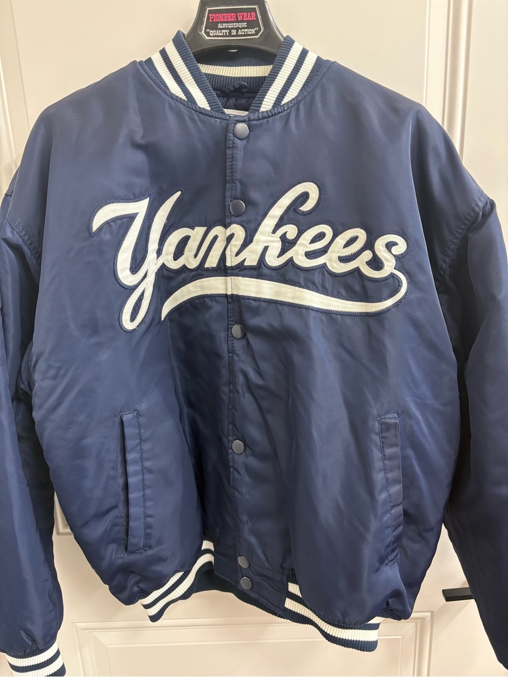 STARTER Navy and White Yankees Satin Bomber Jacket